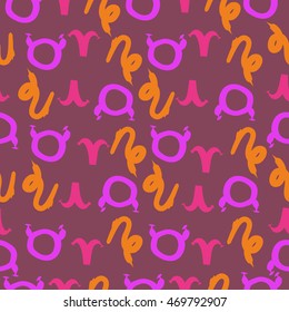Seamless  pattern of zodiac signs, doodles,  object, taurus,aries,capricorn. Hand drawn.