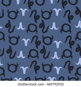 Seamless  pattern of zodiac signs, doodles,  object, taurus,aries,capricorn. Hand drawn.