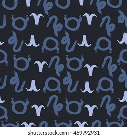 Seamless  pattern of zodiac signs, doodles,  object, taurus,aries,capricorn. Hand drawn.