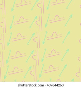 Seamless   pattern of zodiac signs, doodles,libra, sagittarius,object. Hand drawn.