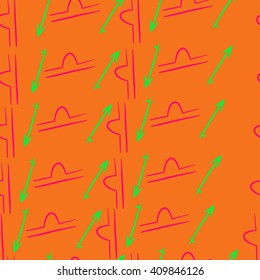 Seamless   pattern of zodiac signs, doodles,libra, sagittarius,object. Hand drawn.