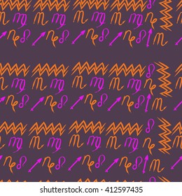 Seamless pattern of zodiac signs, doodles,lions, capricorn,object,aquarius, virgo,sagittarius,scorpio. Hand drawn.