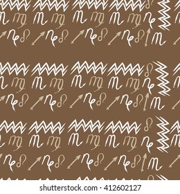 Seamless pattern of zodiac signs, doodles,lions, capricorn,object,aquarius, virgo,sagittarius,scorpio. Hand drawn.