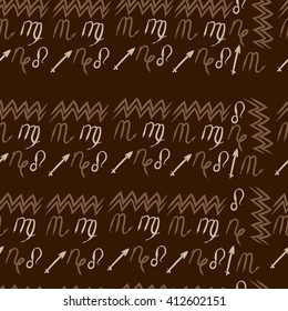 Seamless pattern of zodiac signs, doodles,lions, capricorn,object,aquarius, virgo,sagittarius,scorpio. Hand drawn.