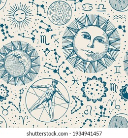 Seamless pattern with zodiac signs, face of the sun, moon face, stars, constellations and human figure like Vitruvian man on a light backdrop. Hand-drawn vector background in retro style