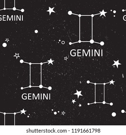 Seamless pattern with zodiac signs, gemini. Decorative background vector with modern thin line icons, flat style, stars and constellations set. Good for printing for observatory, horoscope