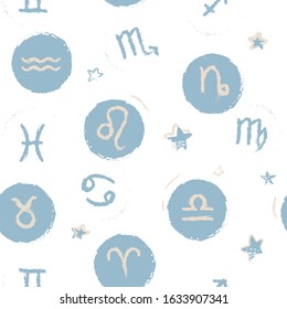 Seamless pattern of zodiac signs, hand-drawn. Pastel colors, for bedding, children's textiles, holiday, wrapping paper, postcard, calendar cover