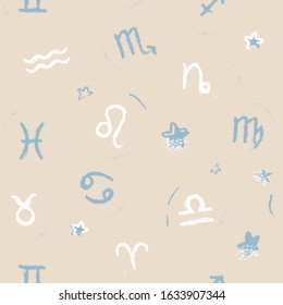 Seamless pattern of zodiac signs, hand-drawn. Pastel colors, for bedding, children's textiles, holiday, wrapping paper, postcard, calendar cover