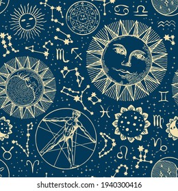 Seamless pattern with zodiac signs, hand-drawn face of the sun, moon, stars, constellations and human figure like Vitruvian man on a dark blue backdrop. Abstract vector background in retro style