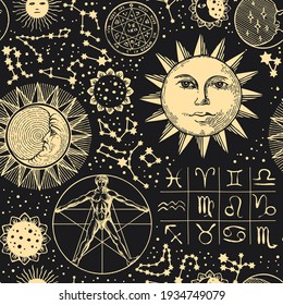 Seamless pattern with zodiac signs, horoscope symbols, sun, moon, stars, constellations and human figure like Vitruvian man on a black backdrop. Vector hand-drawn background in retro style