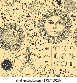 Seamless pattern with zodiac signs, horoscope symbols, face of the sun, moon face, stars, constellations and human figure like Vitruvian man. Vector hand-drawn background in retro style