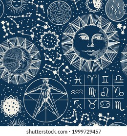 Seamless pattern with zodiac signs, horoscope symbols, moon, sun, stars, constellations and human figure like Vitruvian man on dark blue backdrop. Hand-drawn vector background in retro style