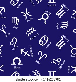Seamless pattern with zodiac signs. Ideal for textiles, packaging, paper printing, simple backgrounds and textures.