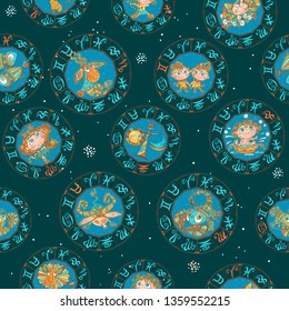 Seamless pattern with zodiac signs for kids. Vector. zodiac circles.