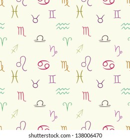 Seamless pattern with Zodiac signs with light background. Vector illustration.