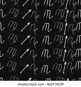 Seamless  pattern of zodiac signs motif,sagittarius,virgo, capricorn, scorpio, object. Hand drawn.