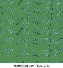 Seamless  pattern of zodiac signs motif,sagittarius,virgo, capricorn, scorpio, object. Hand drawn.
