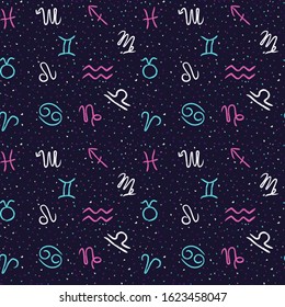 Seamless pattern with zodiac signs on the starry blue sky