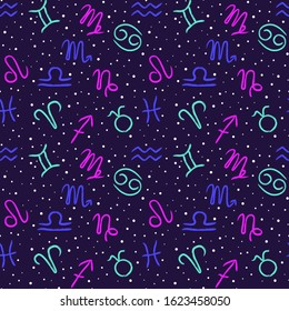 Seamless pattern with zodiac signs on the starry blue sky