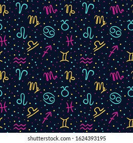 Seamless pattern with zodiac signs on the starry blue sky