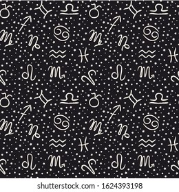 Seamless pattern with zodiac signs on the starry sky, black and white