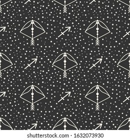 Seamless pattern with zodiac signs on the starry sky, black and white. Sagittarius.