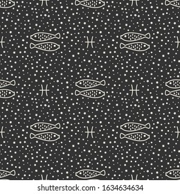 Seamless pattern with zodiac signs on the starry sky, black and white. Pisces.