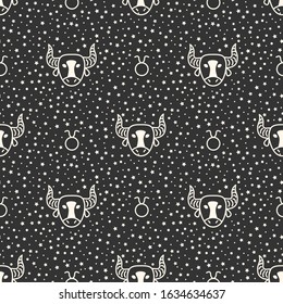 Seamless pattern with zodiac signs on the starry sky, black and white. Taurus.