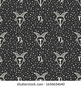 Seamless pattern with zodiac signs on the starry sky, black and white. Capricorn.