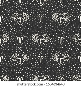 Seamless pattern with zodiac signs on the starry sky, black and white. Aries.