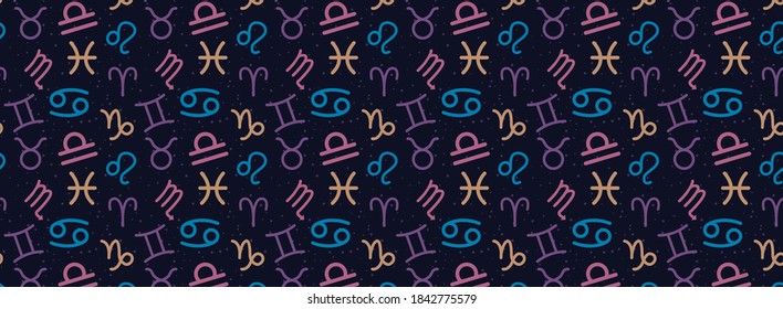 Seamless pattern with zodiac signs on the starry background
