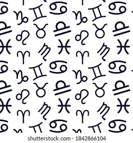 Patrón sin brillo con signos de zodiaco en el fondo estrellado