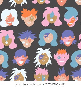Seamless pattern with zodiac signs on teen character's portrait in doodle style in vector.Element for decoration design print background backdrop wrapping wallpaper banner textile