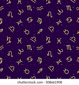 Seamless pattern of the zodiac signs on a background of the starry sky, vector.