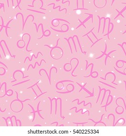 Seamless pattern with zodiac signs on a pink background with stars