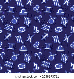 Seamless pattern with zodiac signs and the signs of the planets on the starry blue sky