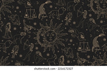 Seamless pattern with zodiac signs. Realistic illustration of zodiac signs. Horoscope vector illustration. Astrological sky pattern. Trend print 