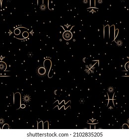 Seamless pattern of zodiac signs in the starry sky. Vector illustration.