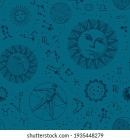 Seamless pattern with zodiac signs, stars, constellations, hand-drawn sun, moon, and a human figure resembling a Vitruvian man on a blue background. Abstract vector background in retro style