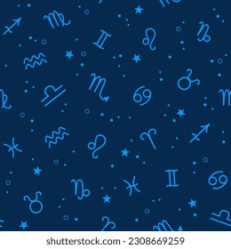 Seamless pattern of zodiac signs and stars on a dark blue background. Vector illustration in flat style