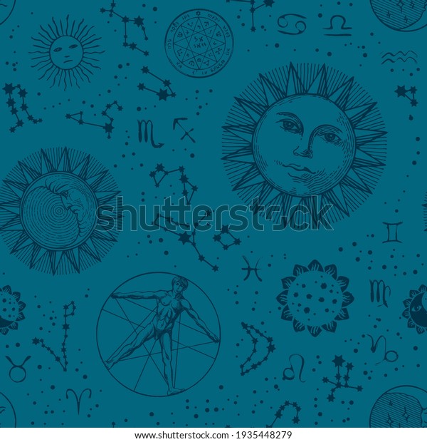Seamless pattern with zodiac signs, stars,
constellations, hand-drawn sun, moon, and a human figure resembling
a Vitruvian man on a blue background. Abstract vector background in
retro style