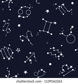 Seamless pattern with zodiac signs, twelve of elements. Decorative background vector with modern thin line icons, flat style, stars and constellations set. Good for printing for observatory, horoscope