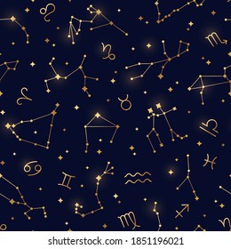 Seamless pattern of zodiac signs. Vector illustration. Twelve constellations, gold stars on night sky map background. Leo, Scorpio, Gemini, Pisces, Aquarius and Sagittarius linear symbols in space.