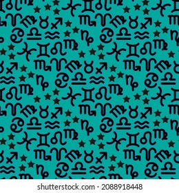 Seamless pattern of zodiac signs vector illustration on turquoise background