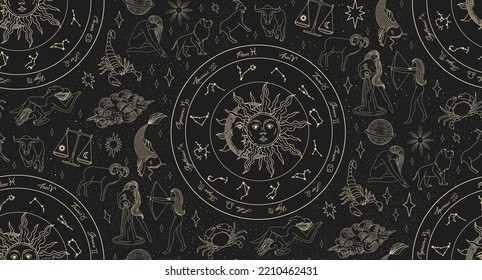 Seamless pattern with zodiac signs. Wheel of astrology. Realistic illustration of zodiac signs. Horoscope vector illustration.