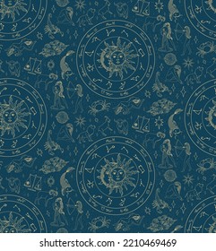 Seamless pattern with zodiac signs. Wheel of astrology. Realistic illustration of zodiac signs. Horoscope vector illustration.