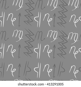 Seamless  pattern of zodiac signs,libra, doodles,lions, capricorn,object,aquarius, virgo,sagittarius,scorpio. Hand drawn.