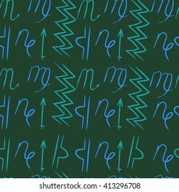 Seamless  pattern of zodiac signs,libra, doodles,lions, capricorn,object,aquarius, virgo,sagittarius,scorpio. Hand drawn.