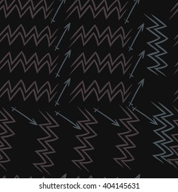 Seamless pattern of zodiac sings, aquarius, sagittarius,  zigzags, hand drawn.