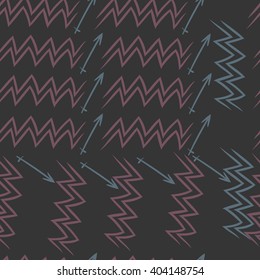 Seamless pattern of zodiac sings, aquarius, sagittarius,  zigzags, hand drawn.